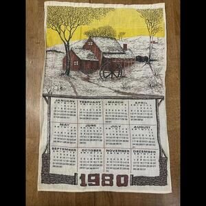 VTG Red Barn Farm Winter Tea Towel 1980 Calendar Linen Kitchen Wall Hang…